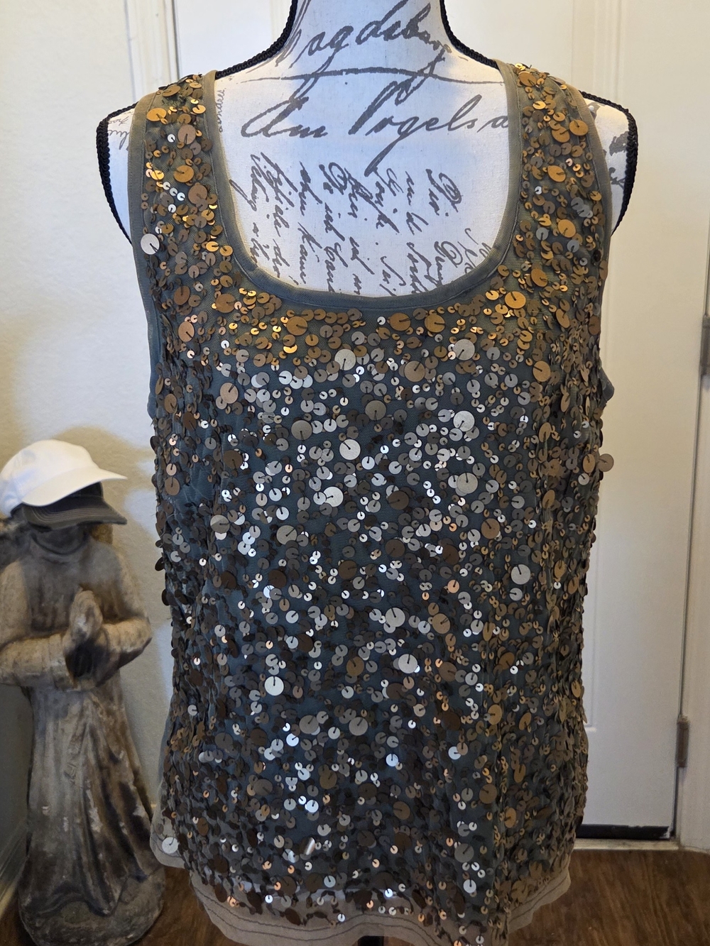 Scala Olive Green Sequin Tank with Gold Accents
